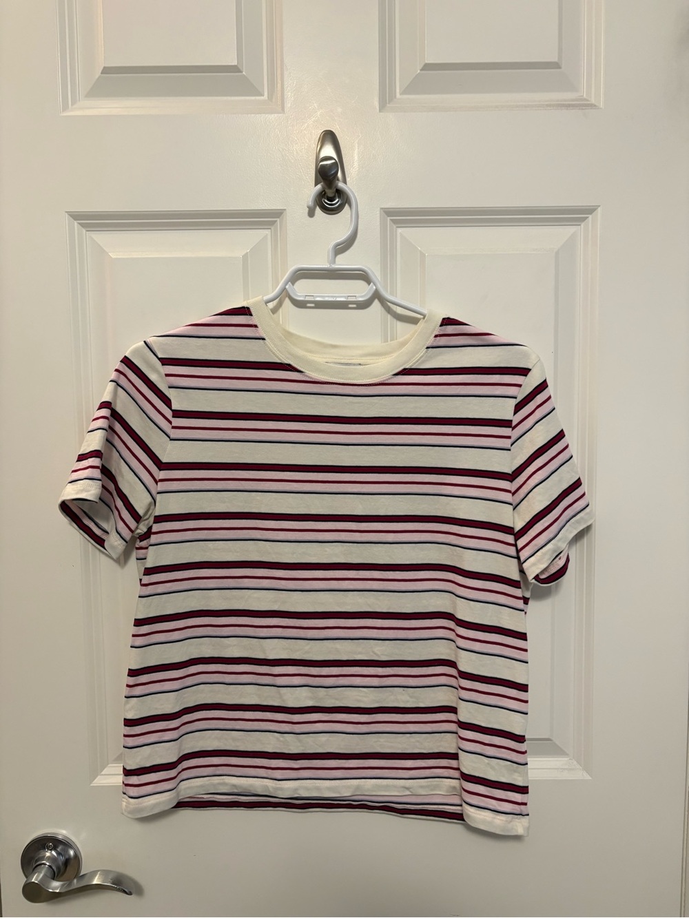 Sunday Best Cream Tee with Burgundy & Navy Stripes